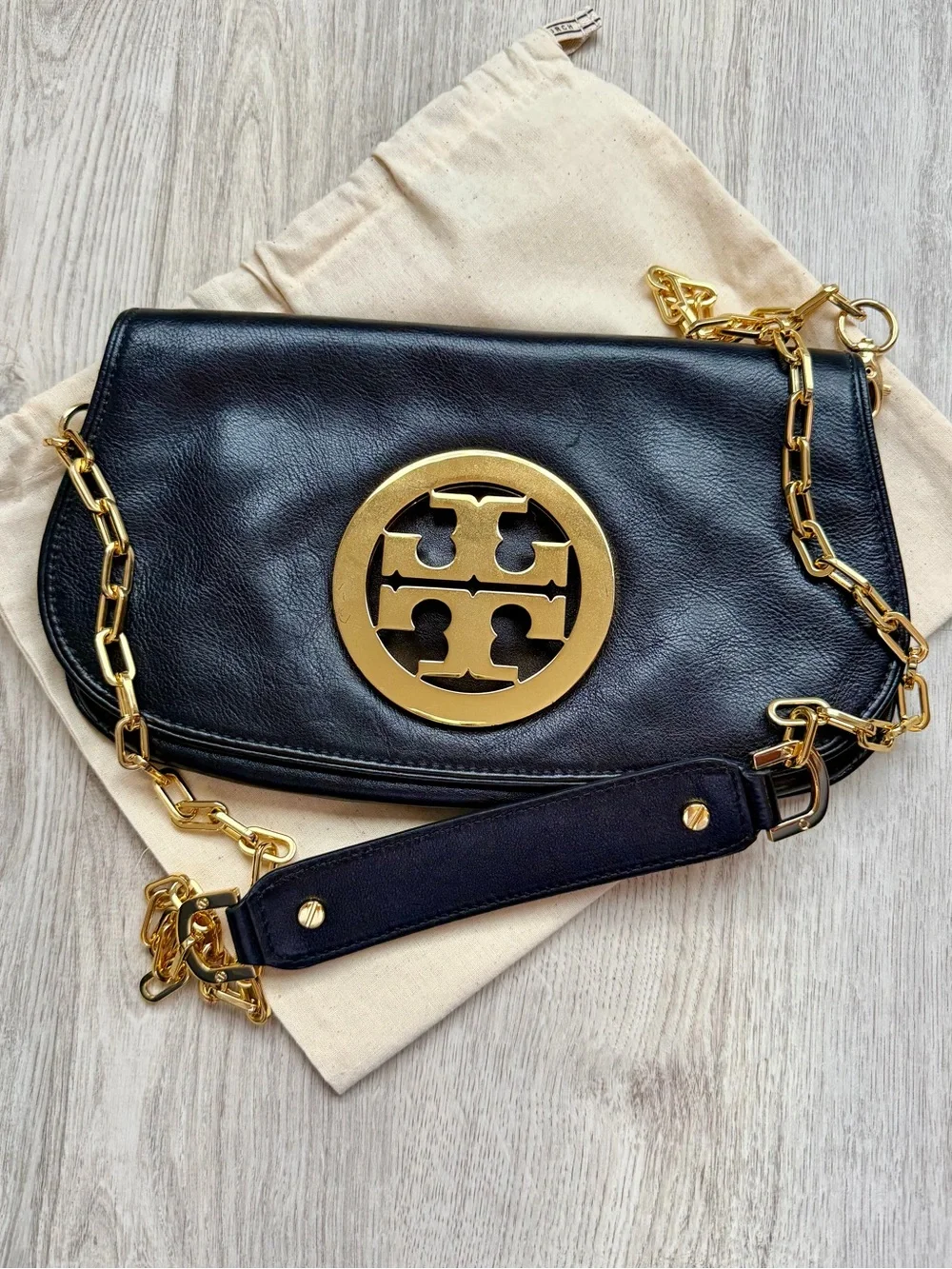 Tory Burch - Black Leather Shoulder Bag/Clutch w/ Gold Logo and Detachable Chain
